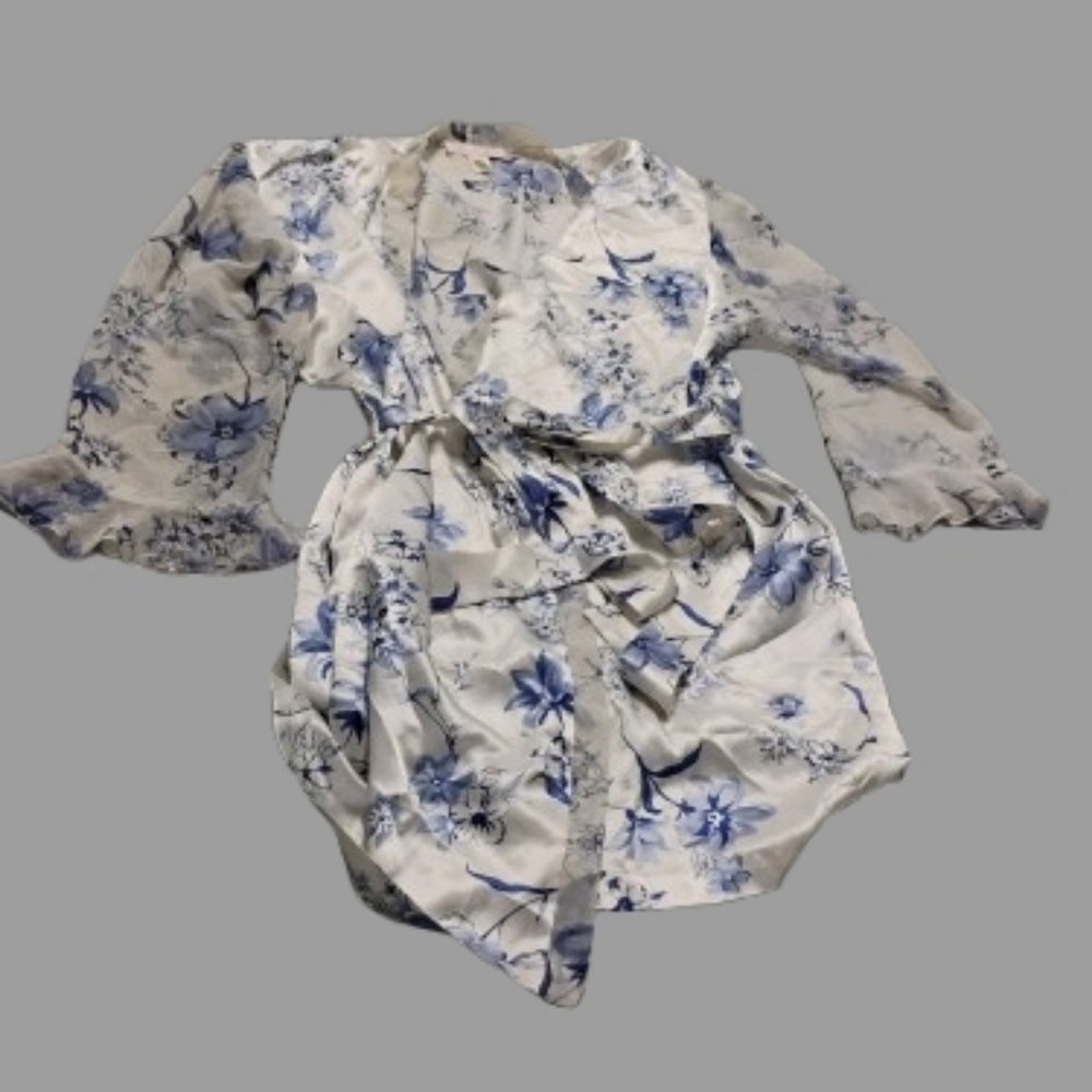 Oscar De La Renta Pink Label Sheer Sleeve Blue White Floral Robe Sz M